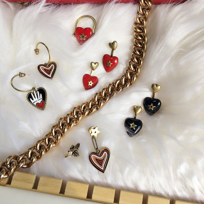 Vintage Heart Earrings with Bee Design in Red Baroque